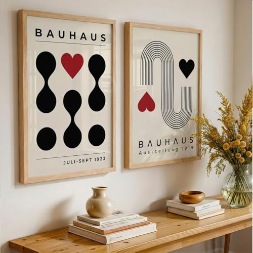 Image of Suneree Bauhaus Wall Art Set of 2 Framed Paintings | Geometric Abstract Modern Art Poster Black Red | Living Room Office Contemporary Home Decor (Art 3, 10x13 Inches)