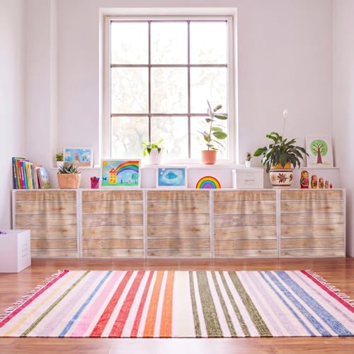 Unittype 6 Pcs Classroom Cabinet Curtains for Shelves 24 x 24 Inches Rainbow Back to School Self Adhesive Curtain for Bookshelf Classroom Decorations Kindergarten Daycare(Wood Grain Wood)
