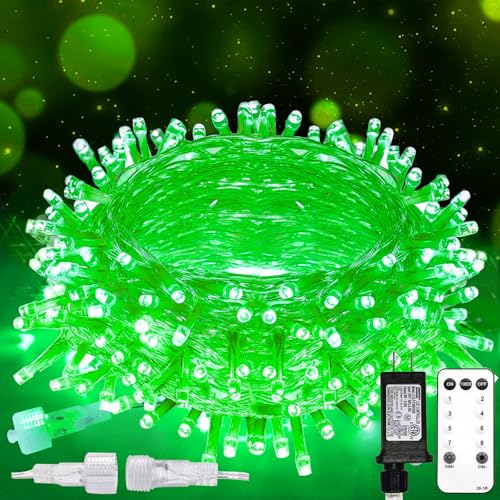 suddus 100 LED Green Christmas Lights with Remote Clear Wire Green String Lights Plug in 33ft Waterproof Dimmable Connectable String Lights Outdoor for Tree Window St Patricks Day Decor