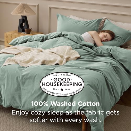 Image of Bedsure 100% Washed Cotton Duvet Cover Queen Size - Iceberg Green Minimalist Bedding Set Linen Like - PureWoven Plain Simple & Soft Comforter Cover for All Seasons (Iceberg Green, Queen, 90 inchx90 inch)