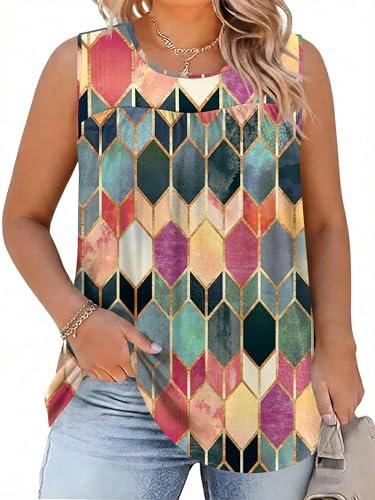 AKEWEI Womens Plus Size Tank Top Casual Summer Sleeveless Loose Fit Blouses Basic T Shirts Trendy Crewneck Tunic Tees(Colorful Geometric Patterns 4X-Large)