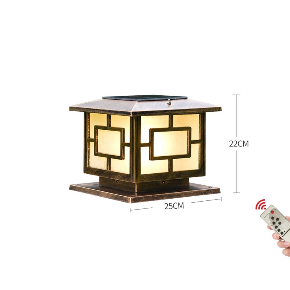 Lampe solaire extérieure rétro vintage IP65 étanche paysage LED lampadaire rue pelouse lanterne en verre en aluminium vitrine patio porche colonne lampe avec intelligent, lumière blanche dorée 25 cm