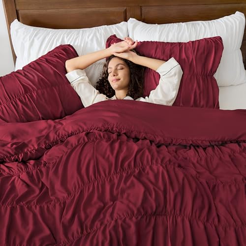 Image of Andency Ruched Burgundy King Size Comforter Set, Shabby Chic Pleated Bedding Sets 3 Pieces, Lightweight Soft Boho Ruffle Bed Set for Girls, Kids, Women, All Season