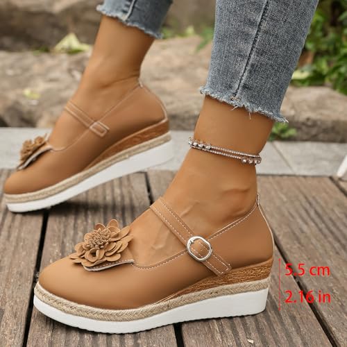 Wedge Mary Jane for Women Dressy Espadrilles Platform Loafers Comfortable Round Toe Buckle Ankle Strap Heeled Shoes Slip-on Light Weight Walking Shoes Fashion Dress Shoes Leather Pumps3