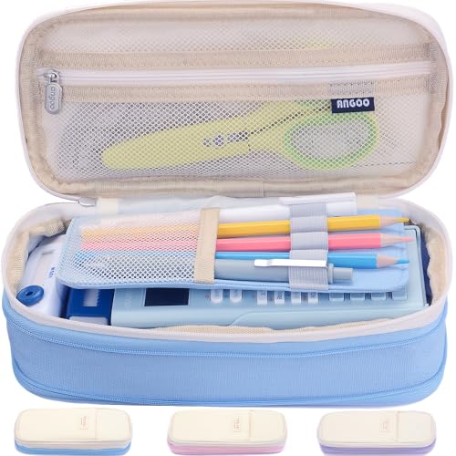 Image of Large Capacity Canvas Pencil Case Organizer Holder Pouch Bag with Zipper Compartments, Pen Cases for Women Girls School Adults (Beige /Blue)