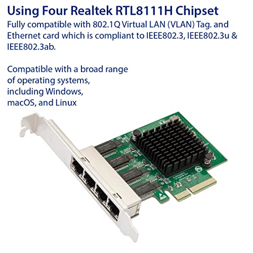 IO CREST 4 Port Quad Gigabit Ethernet PCI Express 2.1 PCI-E x4 Network Interface Card (NIC) 10/100/1000 Mbps Realtek Chipset SI-PEX24085 - Image 3