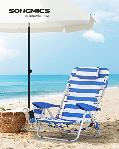 SONGMICS Strandstuhl, Campingstuhl, faltbar, mit Schultergurt, verstellbare Rückenlehne, Kopfstütze, Armlehne, 2 Seitentaschen, Blau und Weiß GCB62BU 2