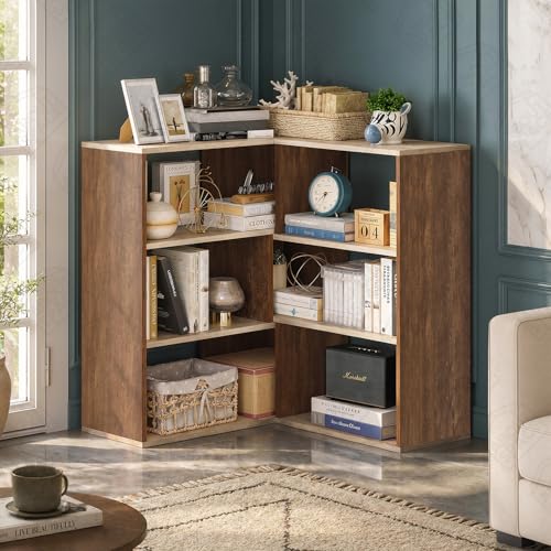 Image of ABOUT SPACE Book Shelf for Home Library-Rectangle /L-Shaped Rack for Storage 2 Ways 6 Compartment Book Stand Shelf for Bedroom, Livingroom Decor, Plants and Books (Oak White&Walnut-L128 x B30 x H85 cm)