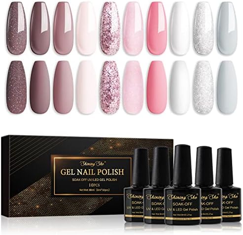 Shining She Glitter Gel Nail Polish, 10 Colours Sliver Black Gold White Sparkly Nail Polish Soak-Off UV/LED Lamp Nail Polish Gel Gift for Women Nail Art Salon DIY Home, 8ML