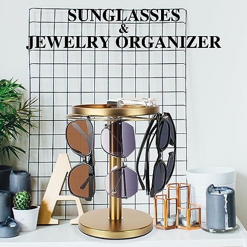 360° Rotating Sunglass Organizer Storage, Stainless Steel Glasses Holder Stand, Glasses Organizer with Tray for Desk, Dresser, Tabletop, Nightstand and Home Decor (Gold) - Image 4