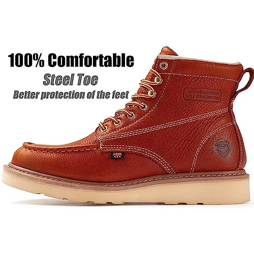 SUREWAY 6 in Mens Soft/Steel Toe Work Boots for Men-Full Grain Leather,Goodyear,Non-Slip EH Safety Industial Construction Wedge Moc Toe Work Boots/Shoes,Steel Toe Light Brown,Size 9.52