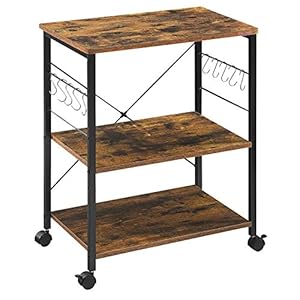 Mr IRONSTONE Baker’s Rack, Kitchen Microwave Cart, Coffee Bar Table Station, 3-Tier Kitchen Utility Storage Shelf with Rolling Wheels Coffee Cart Kitchen Microwave Stand with 10 Hooks, Rustic Brown