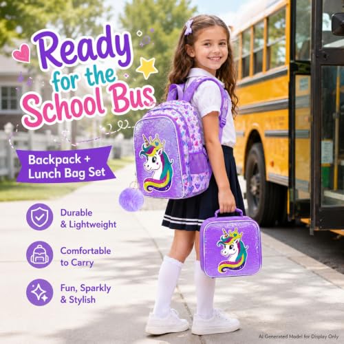 Image of 3Pcs Unicorn Backpack for Girls, 16 inch Sequin Bookbag Set for Kids, Elementary Preschool Preschool School Backpacks with Lunch Box (Purple)