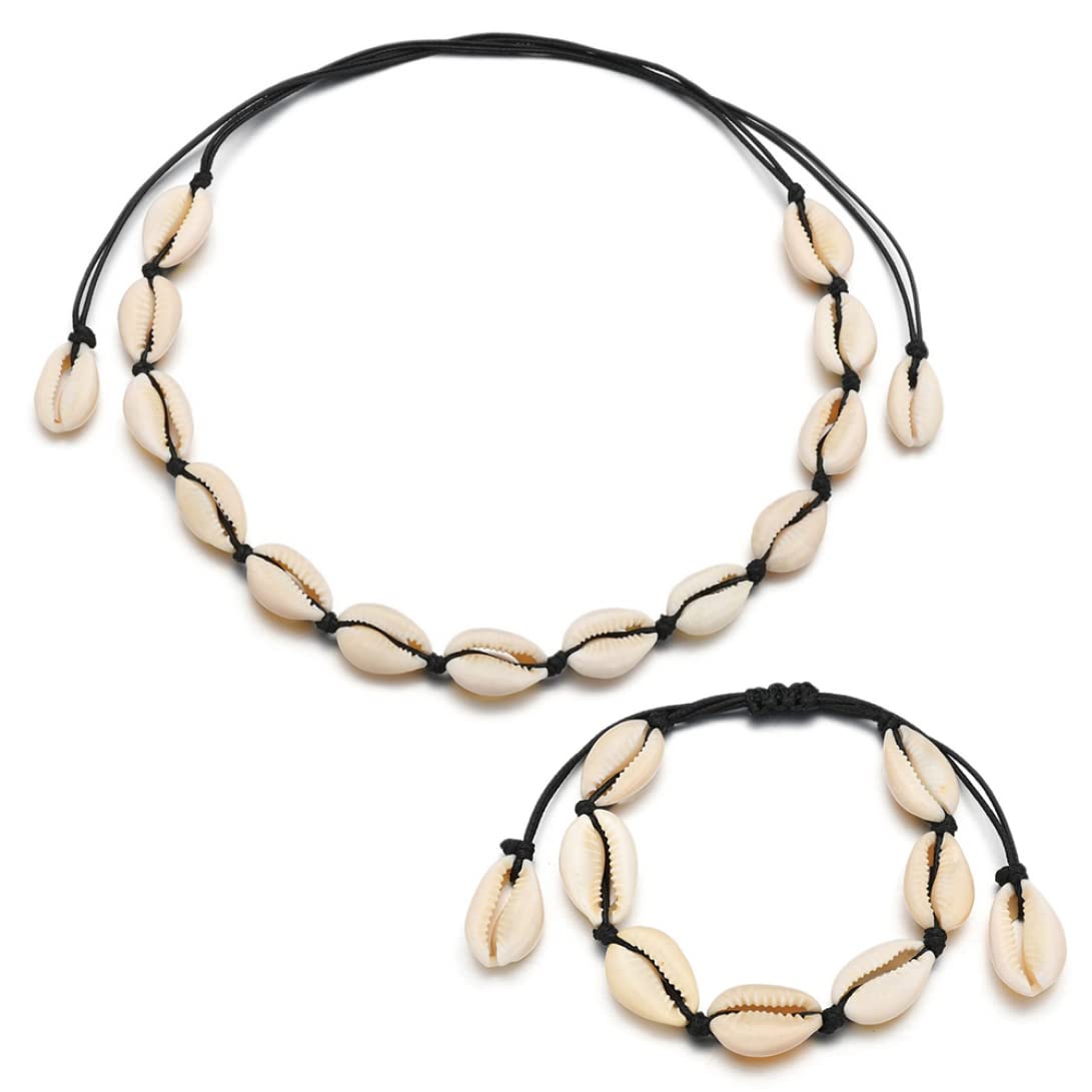 MILEVO Collane, Ciondolo, 1 Set Collana Conchiglia Naturale Bracciale Regolabile Collana Girocollo Conchiglia Hawaiana Gioielli Fatti A Mano con Corda for La Spiaggia Estiva (Nero),Collana