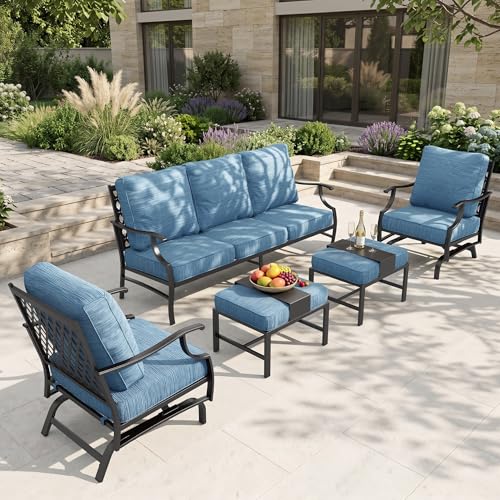 HERA'S HOUSE 5 Pieces Patio Furniture Set, 2 x Rocking Chair, 2 x Ottoman, 1 x 3-Seat Sofa, All Cushioned 7 Seats Metal Outdoor Conversation Set for Lawn Garden Backyard