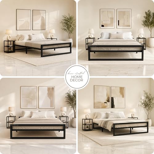 Image of Queen Size Metal Bed Frame | Queen Metal Bed | QueenSize Iron Bed | Queen Steel Bed | Heavy Duty Platform Bed | Double Bed Cot | Steel Slat Bed Frame | Powder Coated | No Box Spring Needed | Black