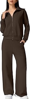 Women's Cotton 2 Piece Outfits Lapel Long Sleeve Zip Up Sweatshirt Wide Leg Pants Matching Tracksuit Sets