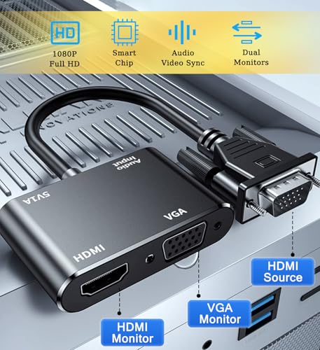AKWOR VGA to HDMI+VGA Adapter for Dual Monitors, VGA to HDMI Adapter Splitter 2 in 1,1080P@60HZ Full HD Display Video Converter for PC Laptop Link Monitor/HDTV/Projector (for Windows & MaC os)