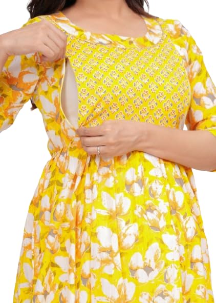 Women's Cotton Blend Maternity Nursing Anarkali Kurta, Mid-Length, 3/4 Sleeve-image-49