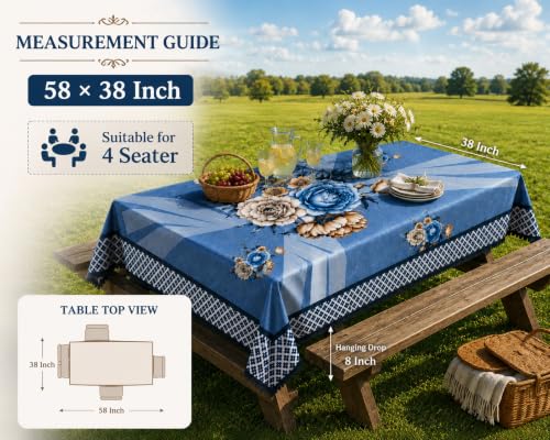 Image of Floral Dining Table Cover for 4 Seater | 58 x 38 Inch Rectangle Polyester Table Cloth | Washable Fabric Table Cover for Dining Table | Dust & Scratch Protection | Sky Blue