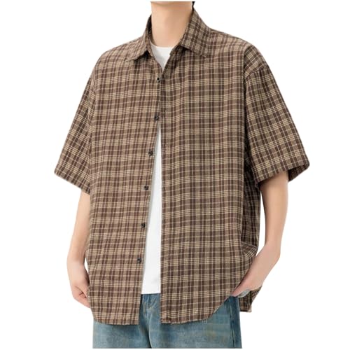 Men's Short Sleeve Button Up Shirts Collared Cotton Checkered Cuban Dress Shirt Casual Vintage Summer Plaid T-Shirt Brown