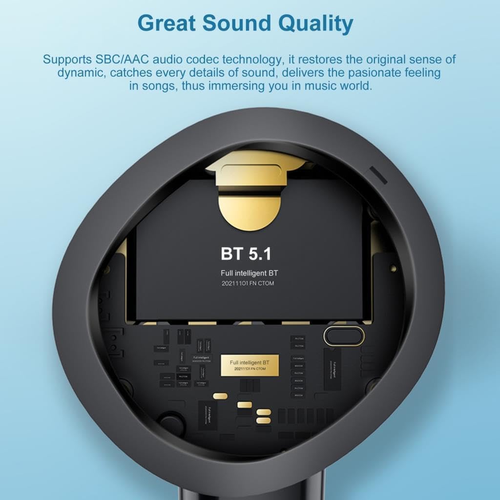 Internal view of earbud showing BT 5.1 chip and audio codec support
