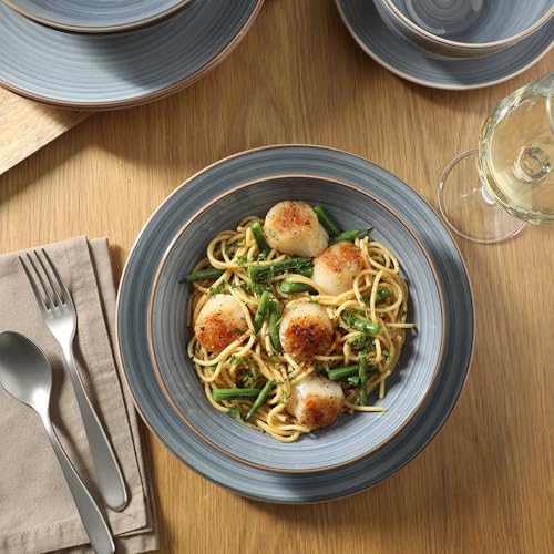 Image of Gibson Home Stonebury 16 Piece Plates and Bowls Blue Dishes - Handpainted Stoneware Dinnerware Set - Service for 4