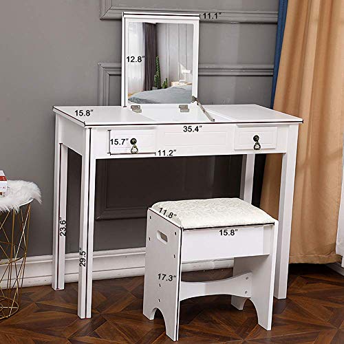 ZDMATHE Vanity Set with Flip Top Mirror Makeup Dressing Table Writing Desk with 2 Drawers Cushioned Stool, Vanity Makeup Table with Removable Organizers (White)