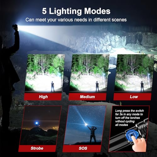 Miniatura 5 de Shadowhawk Linternas LED Alta Potencia 1,000,000 Lúmenes, Linterna LED Recargable USB Táctica Militar Potente, XHP70.2 Linterna led, IPX67 Impermeable 5 Modos Portátil Linternas