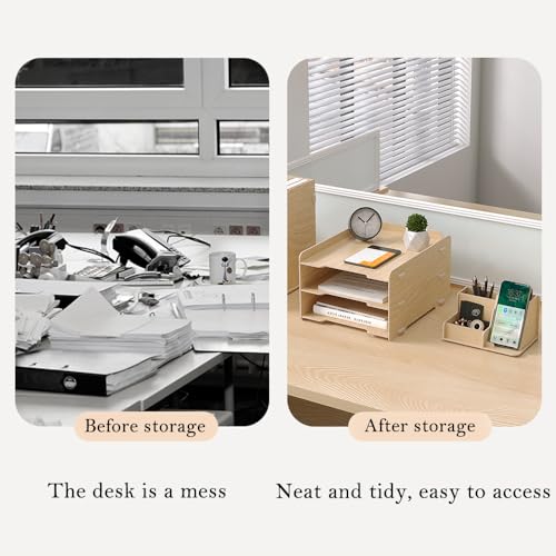 NUODWELL Wooden Desk Tidy Organiser Set -3 Tier Paper Letter Tray/A4 File Document Holder/Pen Holder - Image 3