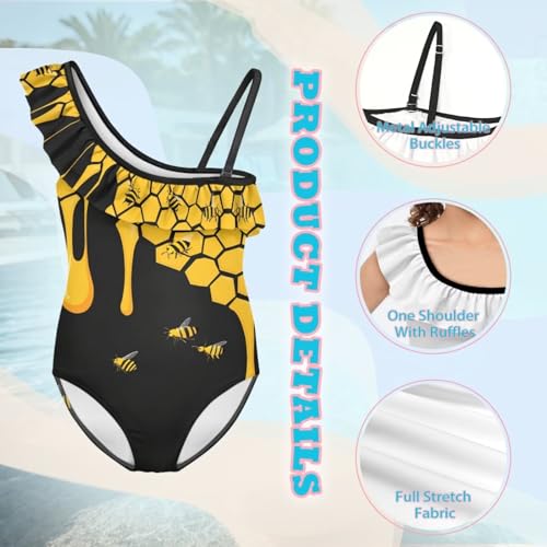 Image of Ladybug Swimsuits for Girls 5-14 One Piece Bathing Suit Kids One Ruffle Shoulder Beach Sport Swimwear