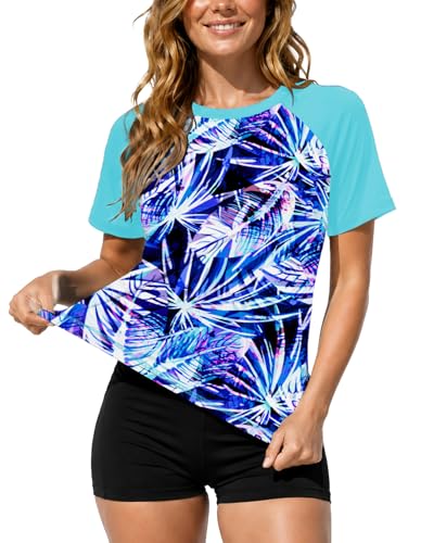 Image of AOBUTE Women Short Sleeve Rash Guard UPF 50+ Tropical Sun Protection Floral Swim Shirts