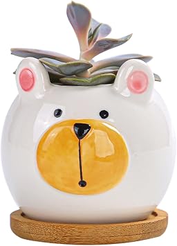 DIYOMR Cute Animal Succulent Planter Pots Ceramics Small Planter with Drainage Tray Cartoon Shaped Figurine Plant Pot for Mini Plants Flower Cactus, Smooth Shiny Ceramic - No Plants Bear