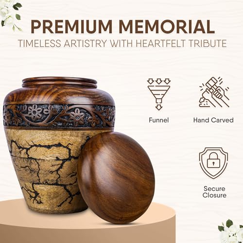 Image of Cremation Urn for Human Ashes Adult Male or Female, Wooden Urn, Hand Carved Memorial, Large Adult Urn, Burial Urn, Wood Turned Casket for Men Women, Funeral Urn for Ashes (Medium 120 Cu /in)