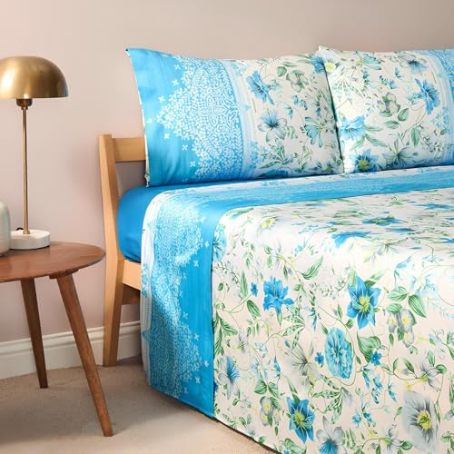 Bassetti Casablanca - Juego de sábanas para cama de matrimonio de 100% algodón, 2 fundas de almohada + sábana encimera de 250 x 280 cm + sábana bajera ajustable de 175 x 200 cm (celeste)