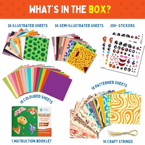 Image of PepPlay 108 Origami Paper Craft Kit for Kids 3-12 Years | 18 Animal Designs, 200+ Stickers, Booklet + QR Video Tutorials | 4-Level Guided Folding, Numbered Lines | Birthday Return Gift
