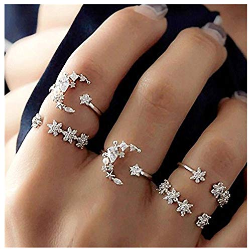 5 PCS Knuckle Rings Set, Cnebo Fashion Crystal Joint Knuckle Ring Moon Star Rhinestone Open Rings Adjustable Statement Rings Jewelry Gift for Women Girls