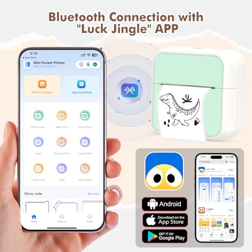 Image of Mini Pocket Printer for iPhone /Android, Portable Mini Sticker Printer with 10 Rolls Non-Sticky Thermal Papers, Blue-Tooth Thermal Label Maker for Journal Memo Notes Photo Study, Green