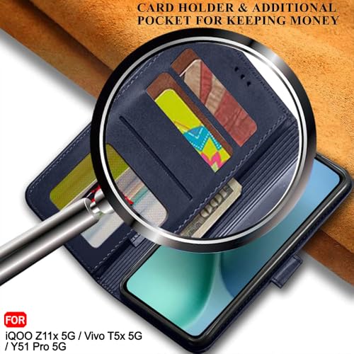 Image of TheGiftKart Flip Back Cover Case for iQOO Z11x 5G / Vivo T5x 5G / Vivo Y51 Pro 5G | Genuine Leather Finish | Designer Button | Inbuilt Pockets & Stand | Flip Back Case Cover (Faux Leather, Blue)