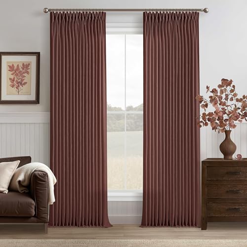 Pinch Pleat Linen Textured Reddish Brown Semi Sheer Curtains 120 Inch Long