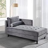 BAMOOLI 64'' Velvet Chaise Lounge Indoor, Modern Longue Chair Upholstered Chaise Longue with Support Pillow, Button Tufted Seat Cushion, Sleeper Sofa Recliner for Bedroom, Living Room, Apartment, Grey