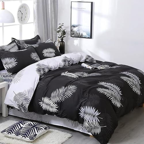 Michorinee Bettwäsche 135x200 Schwarz Weiß Palmen Blätter Muster Bettbezug 135 x 200 cm und Kissenbezug 80x80 cm Microfaser Wendebettwäsche Set mit Reißverschluss