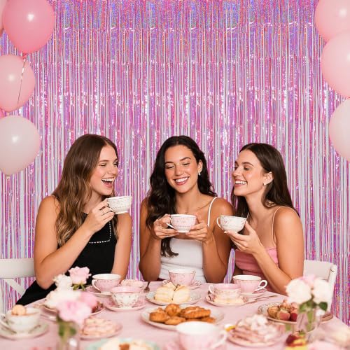 Image of Pink Foil Fringe Curtains Party Decorations, 3.28x6.56ft Sparkling Streamer Tinsel Backdrop for Girls /Princess Birthday Party