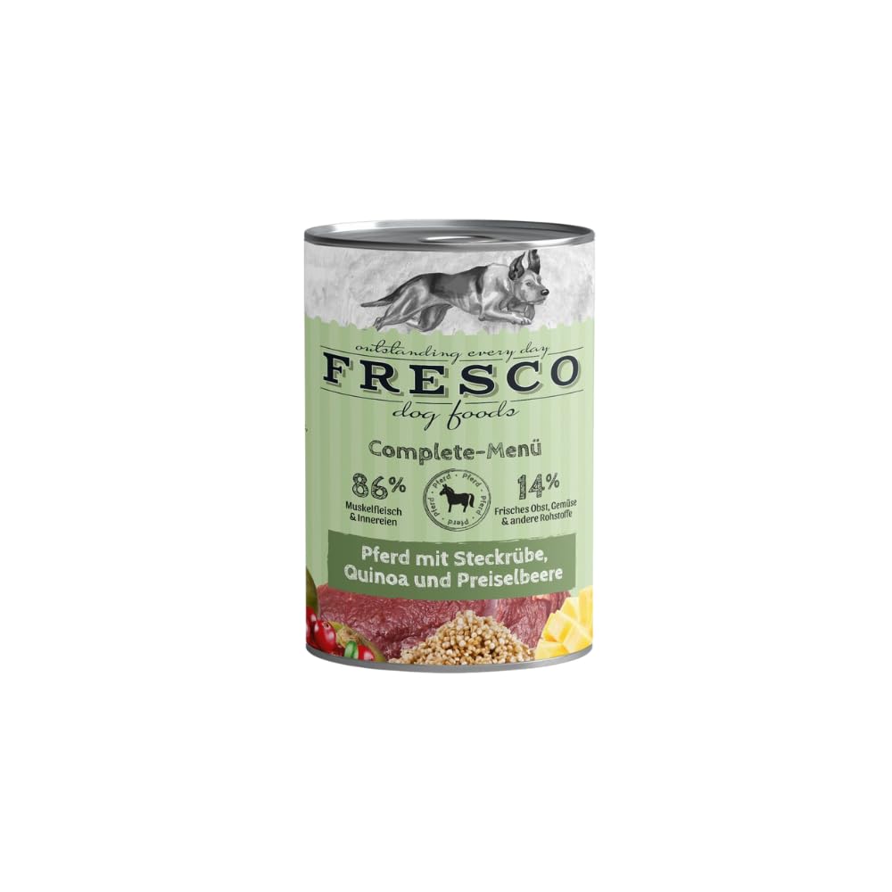 Fresco Complete-Menü Pferd mit Steckrübe, Quinoa & Preiselbeeren | 12er Pack | 12 x 400 g | Nassbarf für Hunde | Wichtige Proteine & Eiweiß | Aus reinem Muskelfleisch