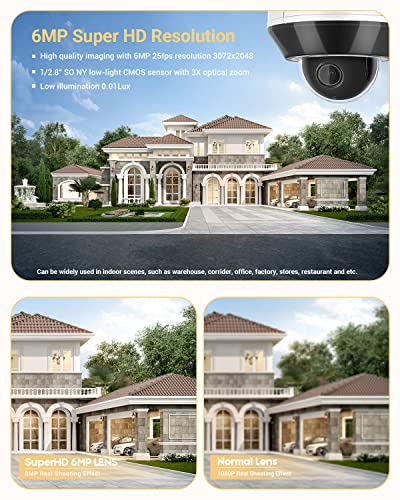 6Mp Poe Ip Ptz Dome Camera With Pan/Tilt 3X Optical Zoom,Human/Vehicle Detection,1-Way Audio,2.8-8Mm Motorized Lens,H.265+,98Ft Ir Night Vision,Ip66&Ik10,Compatible With Hikvision Ultrahd Ptz Camera #TOP1