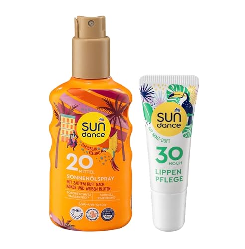 SUNDANCE 2er-Set Sonnenschutz: Sonnenölspray CARIBBEAN FEELING mit Duft nach Kokos, verleiht der Haut seidigen Schimmer, LSF 20 (200 ml) + Lippenpflege MINZE, LSF 30 (10 ml), 210 ml