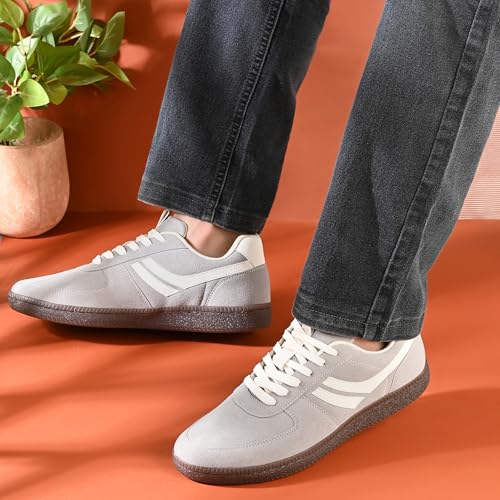 Image of Cruiser Men's Sneakers | Stylish Grey Retro Suede Casual Sneakers |Korean Style Lace-Up Low-Top Trainer with White Side Stripe & Gum Sole for College,Party,Office,Streetwear,Travel (2668)