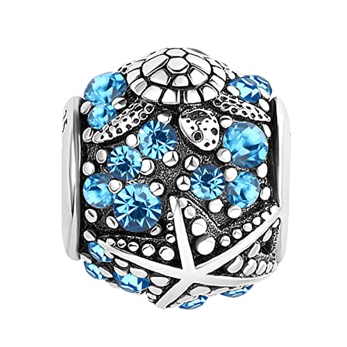 Ocean Sea Turtle Shell Starfish Charms for Bracelets Womens Blue Crystal Love Travel Holiday Charm Bead Compatible with Pandora Bracelets