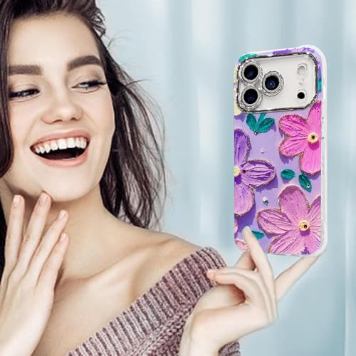 Image of Elzzi Compatible with iPhone 17 Pro Case Oil Painting Flower Colorful with Lens Prtotection Shockproof PC+TPU Glossy Back Cover for Girls Women, Pink Purple
