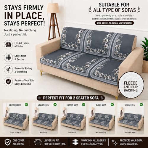 Image of Homerz Premium 'Luxe Series' Holland Velvet Sofa Cover | Smooth Finish | Anti-Skid Fleece Backing | Soft Touch Couch Protector for Living Room (Grey, 6 (3+2+1) Seater, Seat Cover with Backrest)